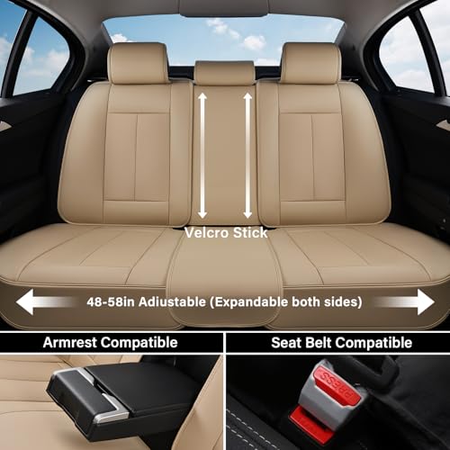 Image of Car Seat Covers Full Set, Beige Seat Covers for Cars, Automotive Seat Covers, Waterproof Nappa Leather Front Seats and Back Car Seat Protector, Universal Fit for Most Cars SUV Trucks