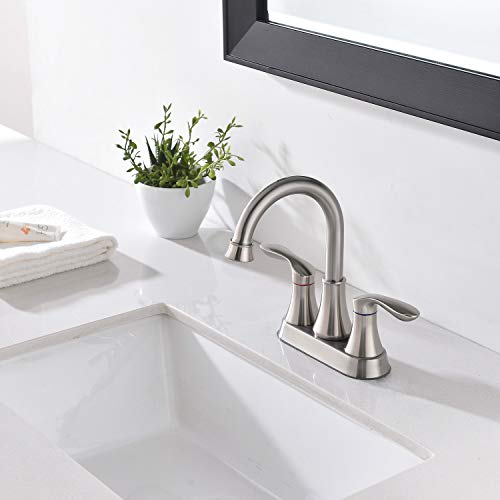 Friho Lead-Free Modern Commercial Two Handle Brushed Nickel Bathroom Faucet,Bathroom Vanity Sink Faucets with Drain Stopper and Water Hoses
