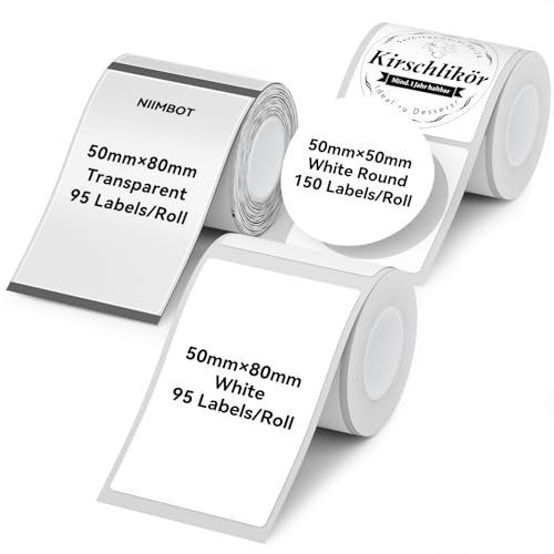 Image of NIIMBOT Thermal Label Tape 3 Rolls, Compatible with B1 B21 B31 Label Maker | Multi-Size Pack, 50x80mm White, 50x80mm Clear, 50x50mm Round | for Address, Jar, Gift, Logo & File Organization Stickers