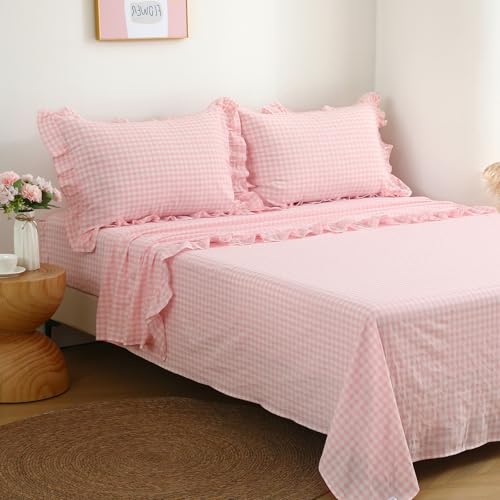 K MASANIJI Blush White Plaid Ruffle Gingham Sheets Full Size 4-Piece Set, 300TC 100% Yarn Dyed Cotton Sheets 18 in Deep Pocket Kids Preppy Decorative Bedding (Blush/White Plaid, Full)