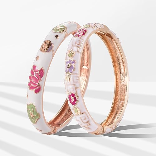 UJOY Vintage Cloisonne Bracelets Cuff Golden Metal Bangles Indian Flower Pink Enameled Jewelry Box for Women2