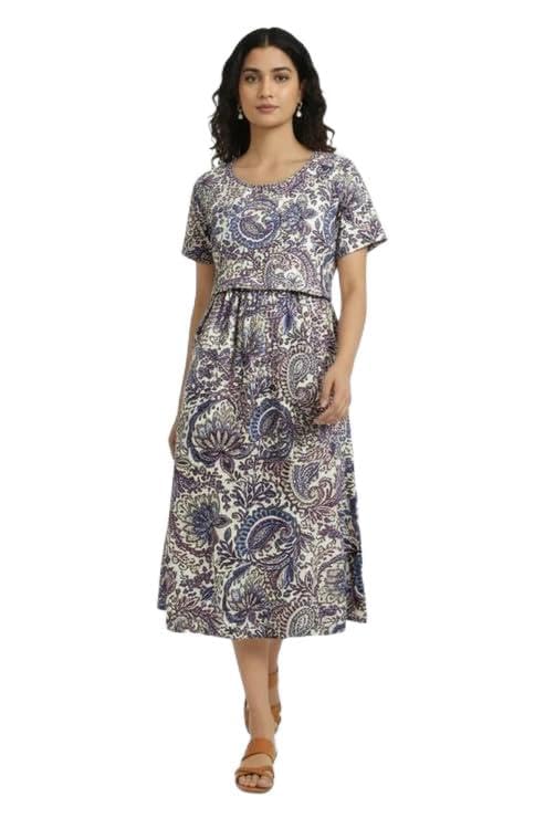 Round Neck Cotton Short Sleeves Swirling Paisley Zipless Feeding Gown - Dusty Blue-image-24