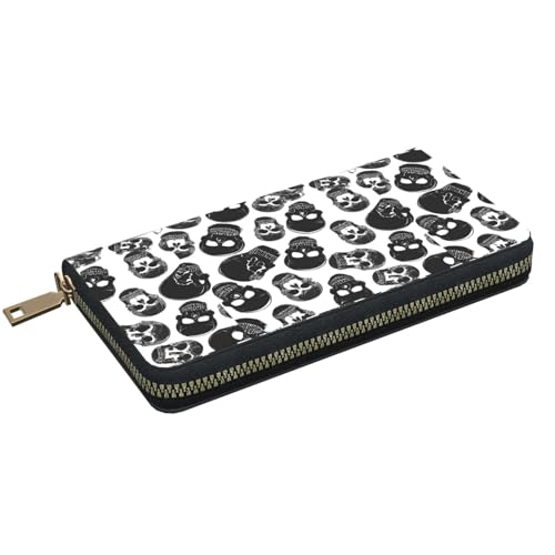 Leather Wallet for Women Ladies Novelty Printed Around Zipper Long Wallet Phone Purse Credit Card Holder, Black Skull2