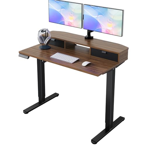 Image of HUANUO 40 inch X 24 inch Electric Standing Desk with 2 Drawers, C-Clamp Mount Compatible, Height Adjustable Computer Desk, Home Office Stand Up Desk with 4 Preset Heights & 2 Hooks, Walnut