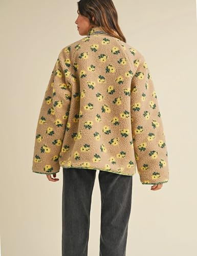 Dqbeng Womens Sherpa Jacket Floral Print Long Sleeve Oversized Casual Coats Teddy Fleece Outerwear with Pockets3