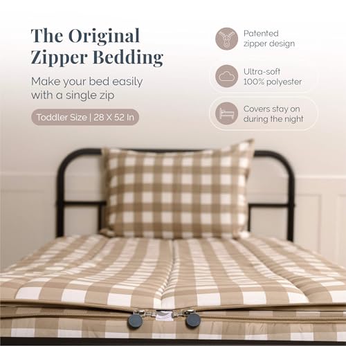 Image of Beddy's Warm Tan Checkered All-in-One Zipper Bedding Set for Kids - Toddler | Smooth-Glide Zippers, Easy To Make & Wash, Soft Durable Fabric, Checkered Interior, Includes Pillowcase & Sham