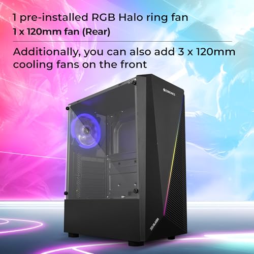 Image of ZEBRONICS Slash Mid-Tower Premium Gaming Cabinet ATX /MicroATX /MINI ITX, 1x 120mm Rear Fan,Halo Glow Ring RGB Fans,RGB LED Modes,Tempered Glass Side Panel,USB 3.0, Magnetic Dust Filter