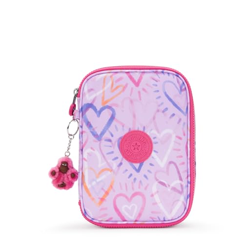 Kipling Capa feminina estampada com 100 canetas, acessórios organizados, materiais de arte, maquiagem, organizador de viagem, Rabiscos de coração, 8.25''L x 6''H x 2''D, 100 canetas