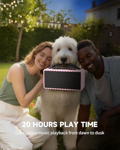 Image of DINDIN Portable Bluetooth Speaker: 80W (Peak), 20H Playtime, Wireless Big Wood Boombox with Deep Bass, Subwoofer, TWS, Large, Loud Speaker for Party, Outdoor, Backyard, Beach, Home,Gift(Pink+White)