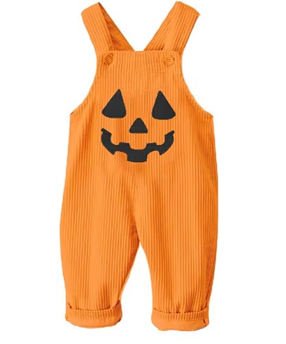 Halloween Pumpkin Face Baby Girl Boy Outfit Cute Bubble Orange Jumpsuit Rompers Corduroy One Piece Strap Overalls (Orange, 6-12 Months)
