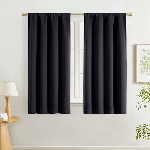 Lecloud Halloween Black Blackout Curtains 54 Inch Length 2 Panels, Solid Black Out Window Curtains for Bedroom, Energy Thermal Insulating Rod Pocket Curtain Drapes for Small Window, 40' W x 54' L