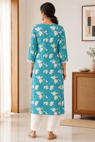Image of ZAYRON Women's Rayon Printed Straight Kurti for Women | Round Neck with V-Cut | 3 /4 Sleeve | Casual Ethnic Wear Kurta