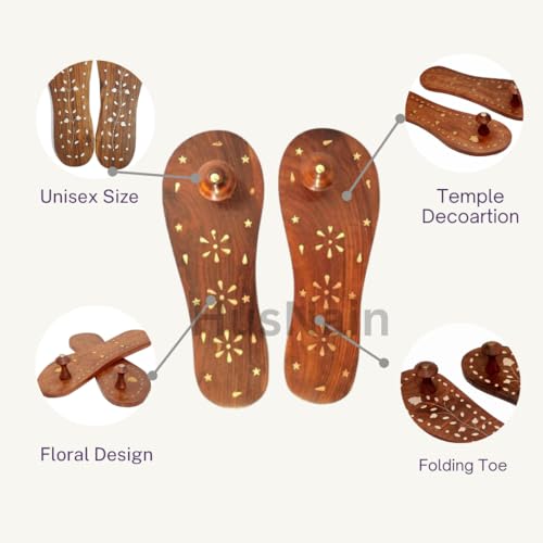 Image of Art and Craft India Wooden Handmade khadau for Temple Decoration | Khadau Slipper for Men & Women | Wearable Charan Paduka | mandir Puja Ghar Decoration Item | Slipper for Lord Temple (Brass Design)