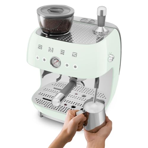 Image of Smeg Coffee Machine with Grinder, Original Italian Brand, Patented Smeg Pastel Green Color, Live the Barista Exeprience, Professional Steam Wand for Creamy Milk Coffee, Pressure Monitor, EGF03PGEU