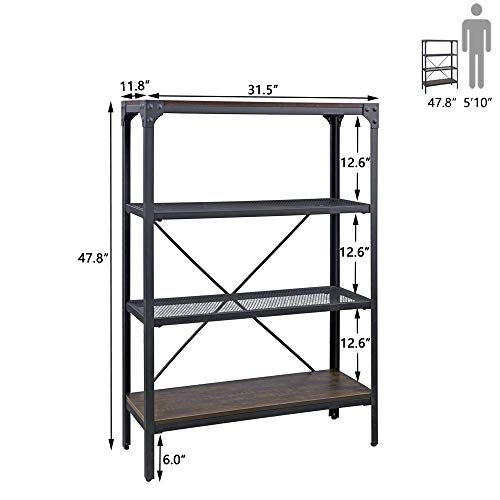FIVEGIVEN Bookshelf 4 Tier Wood and Metal Book Shelves Industrial Storage Shelf Rustic Bookcase Sturdy Espresso,31.5L x11.8W x47.8H - Thumbnail 4