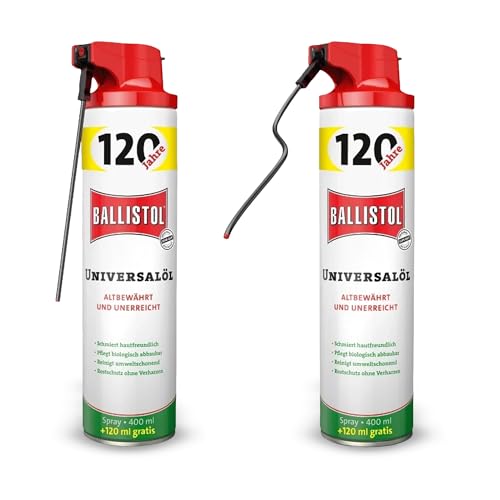 BALLISTOL Universalöl Spray 2x 520ml Set – Kontaktspray für alle Zwecke: Türen, Fenster, Gartengeräte, Camping, Outdoor, Sprühöl fürs Auto, Motorrad, Rostlöser, Rostschutz, Industrie & Handwerk