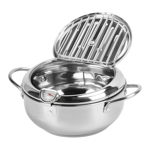 Olla Freidora, Freidora Tempura de Acero Inoxidable Estilo Japonés, 24cm Mini Olla Freidora con Termómetro, Tapa y Escurridor de Aceite, para Cocina Casera Papas Fritas Pescado Camarones
