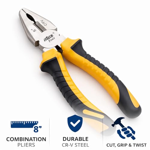 Image of OTEX Force 8 Inch Combination Plier, Chrome Vanadium (CR-V) Steel, Heavy Duty Wire Cutting Pliers, Bi-Material Anti-Slip Grip Handle for Electricians, DIY & Home Use, Multicolor