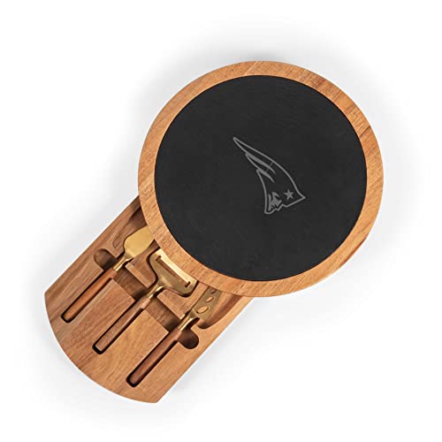 PICNIC TIME NFL New England Patriots Insignia Acacia and Slate Serving Board with Cheese Tools, (Acacia Wood & Slate Black with Gold Accents)