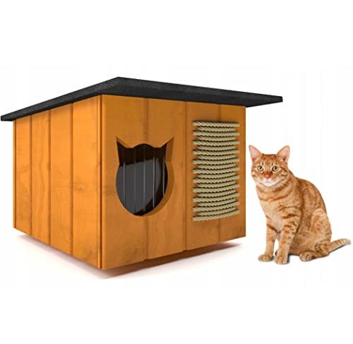 Katthus, kattkoja, utomhus, kattgrotta, katt, hund, vinterhus, isolerat överkast, klösträd, 32 x 56 cm (tall), grått