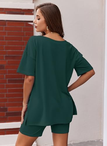 Image of Ekouaer Womens Pajamas 2 Piece Lounge Sets Oversized V Neck T-Shirts Tops Biker Shorts Set Workout Reversible Tracksuit S-XXL