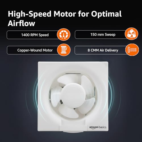 Image of Amazon Basics Ventilation 6 inch Fan | 30W | 5 Blades | 150 mm | 5.6 dB Low Noise | Window Mount | Wall Switch Control | White Plastic
