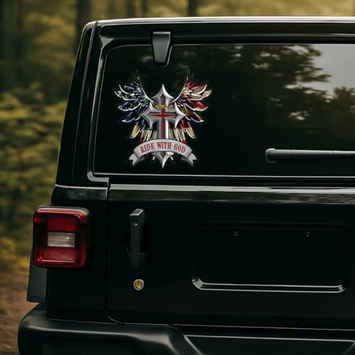 Image of Premium Ride with God Wings and Cross Helmet Sticker Decal - Motorcycle Tank, Tool Box, Bumper Vinyl for Car, Truck - Weatherproof, Durable Christian Faith Vinyl Decal (9 x 9 inches)