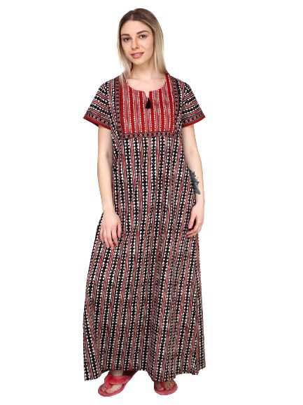 Cotton Nighty Maxi for Women with Side Pocket | Printed Short Sleeves Full Length Night Wear Gown