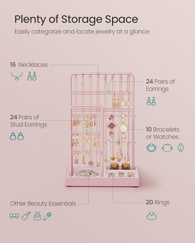 Image of SONGMICS Necklace Holder, Jewelry Stand Holder Organizer, Jewelry Display with Metal Frame, Velvet Tray, Earring Bracelet Holder, for Gift Idea, 4.5 x 7.7 x 12.1 inch, Jelly Pink UJJS021R01