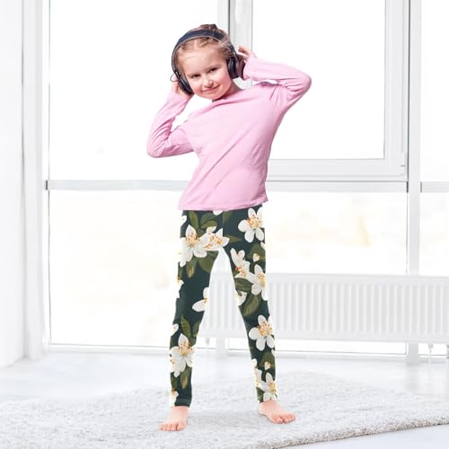 White Jasmine Flower Girls Leggings Soft Stretch Workout Yoga Dance Pants for Kids Casual Tights4