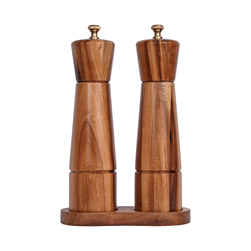 DeroTeno Salt and Pepper Mill Set with Tray, Adjustable Ceramic Grinder Salt Mill, Stainless Steel Grinder Pepper Mill, Acacia Wood, 22 cm Height, Bottom Dia 5.5 cm (Tray is Included)