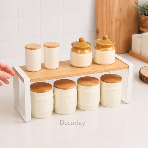 Image of Decorlay Metal & Wooden Spice Rack Countertop Organizer Space Saver Counter-Top Storage For Kitchen, Tabletop, Floor Standing Bathroom, Office, And Cosmetics (White + Beech, Single - Tier)