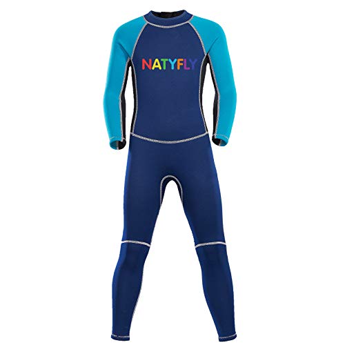NATYFLY Neoprene Wetsuits for Kids Boys Girls Back Zipper One Piece Swimsuit UV Protection-Brand (Blue-2MM-Long Sleeve, L-for Height 47"-52") - Thumbnail 2