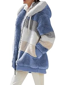 OMZIN Dames Teddy Polaire Veste À Capuche Lâche En Peluche Moelleux À Capuche Zip Up À Capuche Hiver Chaud Parka Manteau Avec Poches Bleu 3XL