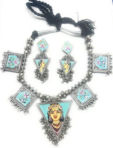 Image of Handcrafted Oxidised Silver look alikeTraditional Necklace Set with Turquoise Enamel Work, Floral Design, Black Thread hand painted