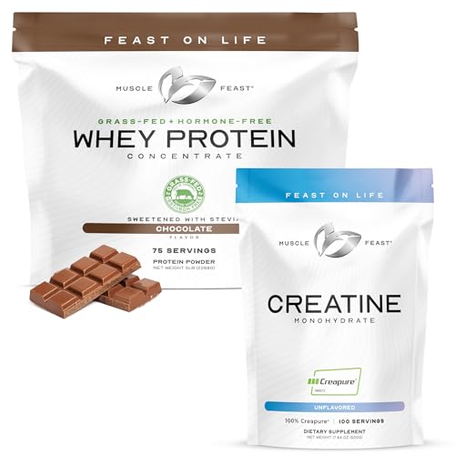 Muscle Feast Bundle – Grass-Fed Whey Protein Concentrate Chocolate 5lb (1 Unit) + Creapure Creatine Monohydrate Powder Unflavored 500g (1 Unit), All Natural Hor