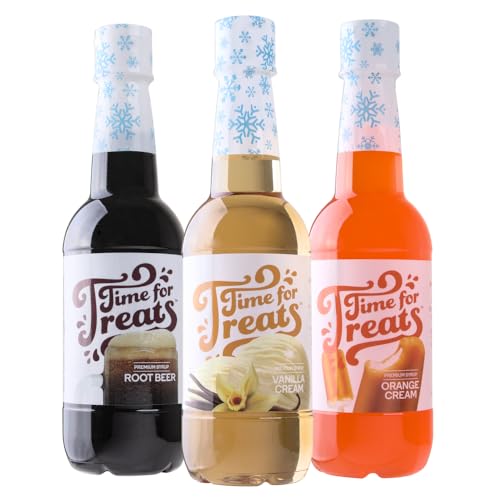 Time For Treats 3-Pack Vanilla Cream, Root Beer, Orange Cream Syrup for Snow Cones, Homemade Sodas, Cocktails, Coffee, Baking and More - 16.9 Fluid Ounce Per Bottle