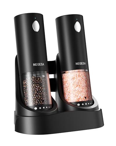 Comparison: Best Electric Salt And Pepper Shaker 6 Electric Salt and Pepper Grinder Set with Rechargeable Base - Automatic Refillable Electric Salt and Pepper Shakers with Large Capacity, LED Light & Adjustable Coarseness, Black