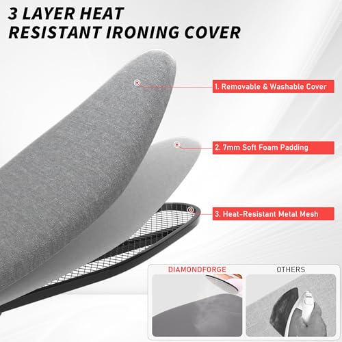 Ironing Board with Stable Iron Rest and 7 Adjustable Heights, 43\" ×13\" Size Iron Board with 4-Layer Heat Resistant Cover and Pad for Home Apartment Laundry, Gray