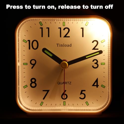 Image of Tinload Small Battery Operated Analog Travel Alarm Clock Silent Non Ticking, Gentle Wake, Ascending Beep Sounds, Snooze,Lighted on Demand, Easy Set(White)