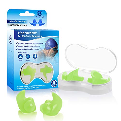 Hearprotek Swimming Ear Plugs, 2 Pairs Waterproof Reusable Silicone Ear Plugs for Swimmers Showering Bathing Surfing and Other Water Sports Adults Size (Green)