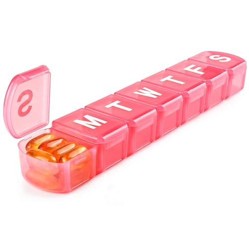 XL Weekly Pill Organizer 7 Day, MOLN HYMY Extra Large 1 Week Pill Dispenser Case, Daily Medicine Organizer to Hold Medication, Vitamins, Fish Oils and Supplement (Pink