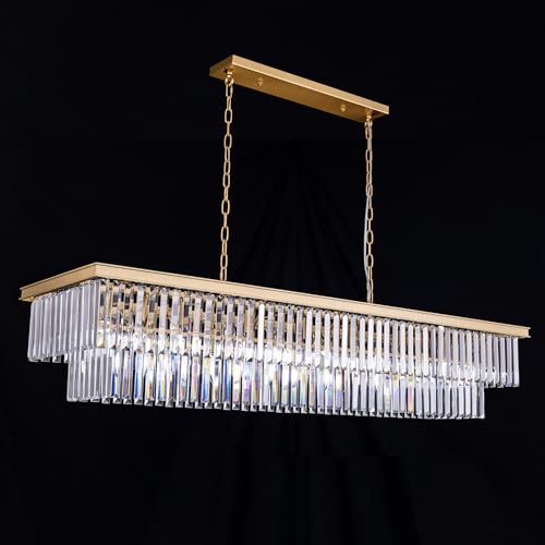 Wellmet Gold Chandelier 57 inch, 13-Light Modern Rectangular Crystal Chandelier Ceiling Hanging, Linear Chandeliers Light Fixture for Living Room, Din