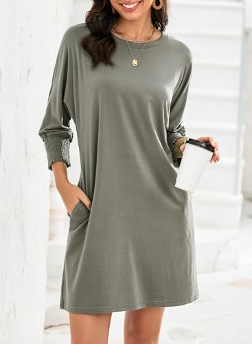 Image of Dokotoo Womens Dresses 2025 Spring 3 /4 Sleeve Fashion Dresses Crewneck Casual Mini Dress with Pockets S-XL