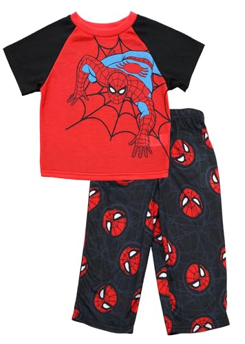 Marvel Spiderman Pajamas for Boys, 2 Piece Spiderman Pjs for Toddler Boys, Short Sleeve Top & Pants Set, Size 4T Black/Red