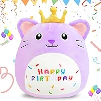 AMFUN 10\" Happy Birthday Stuffed Animal,Purple Birthday Cat Plush Pillow, Soft Puppy Plush Toy Gifts for Kids Toddlers-25CM