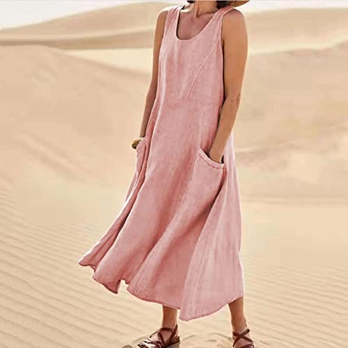 Vestido-sin-Mangas-de-algodon-y-Lino-para-Mujer-Vestidos-de-Cuello-Redondo-con-Bolsillo-de-Color-solido-de-Verano-Vestido-de-Verano-de-Playa-comodo-Elegante-y-Holgado
