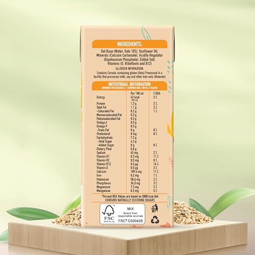 Image of Only Earth Oats Milk | Unsweetened Drink | Lactose Free | Preservatives Free | Plant Based | Dairy Alternative | Source of Calcium | Source of Vitamin B1, B2 & B12 (180ml(Pack of 8))