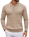 COOFANDY Men's Knit Polo Sweater Long Sleeve Casual Pullover Sweaters Collared Button Down Winter Polos, Light Khaki, L
