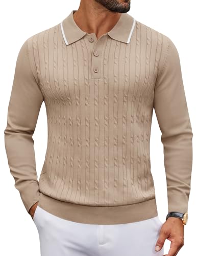 COOFANDY Men's Knit Polo Sweater Long Sleeve Casual Pullover Sweaters Collared Button Down Winter Polos, Light Khaki, L